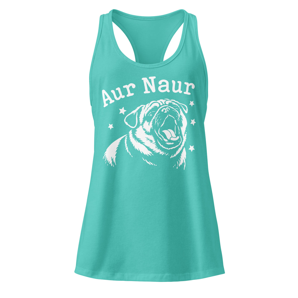 Tahiti Blue women's racerback tank, front view, featuring Aur Naur white pug portrait and star-accented lettering.