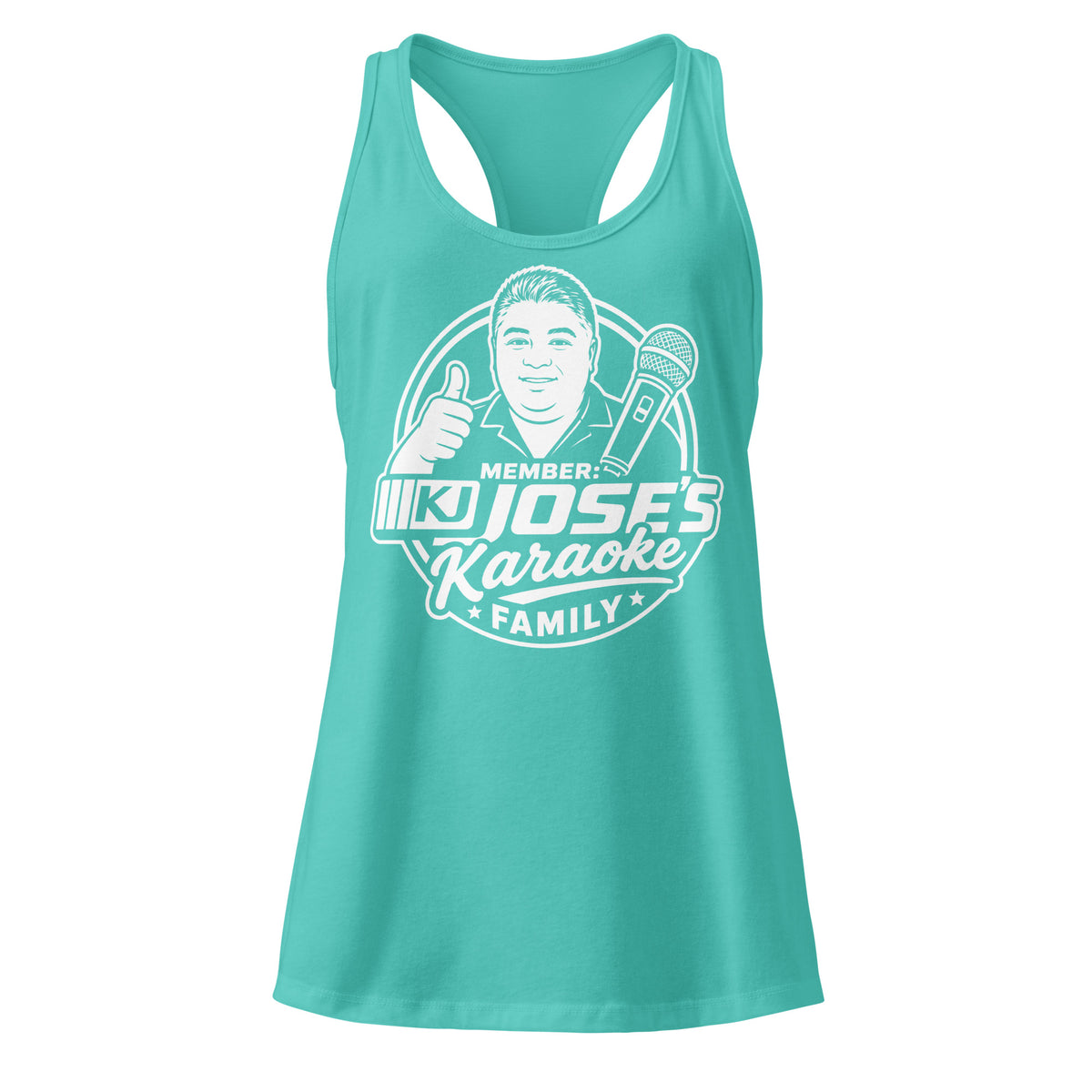 Tahiti Blue women's racerback tank top, front view, featuring KJ Jose's Karaoke Family portrait and microphone badge.