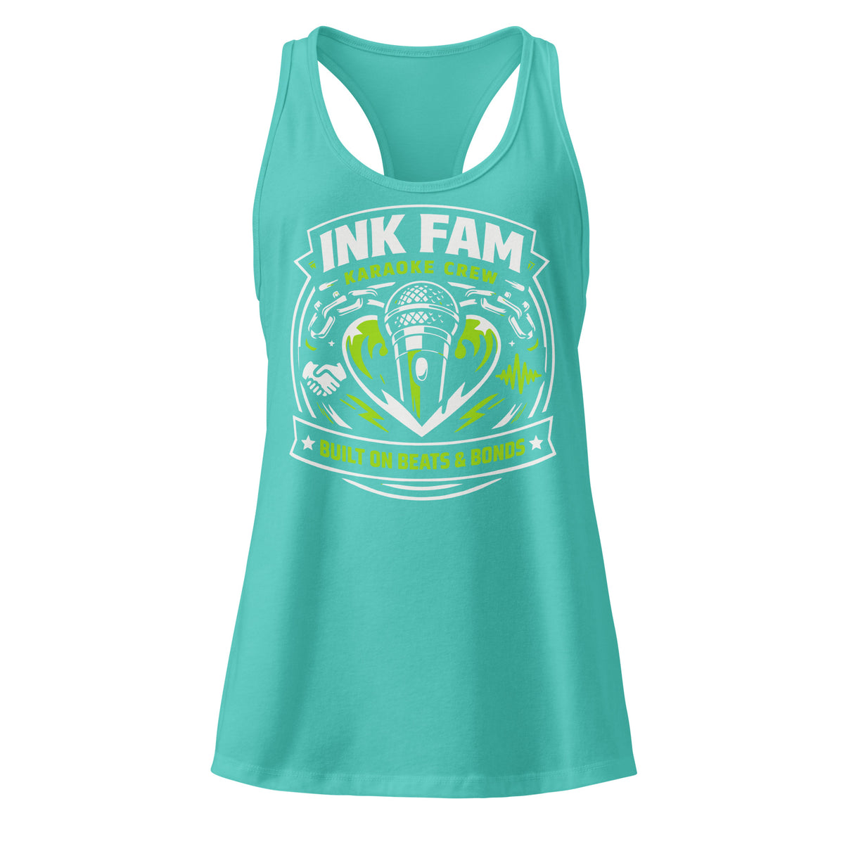 Tahiti Blue women's racerback tank top, front view, featuring DJ Ink Beats & Bonds shield with a microphone and green-and-white lettering.