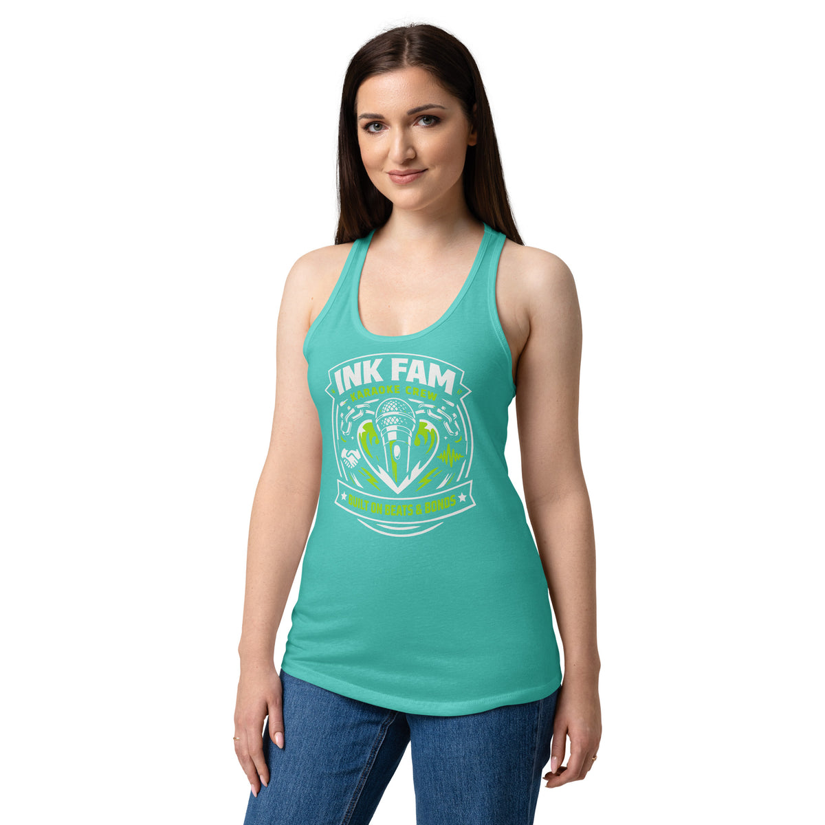 Tahiti Blue women's racerback tank top, front view, featuring DJ Ink Beats & Bonds shield with a microphone and green-and-white lettering.