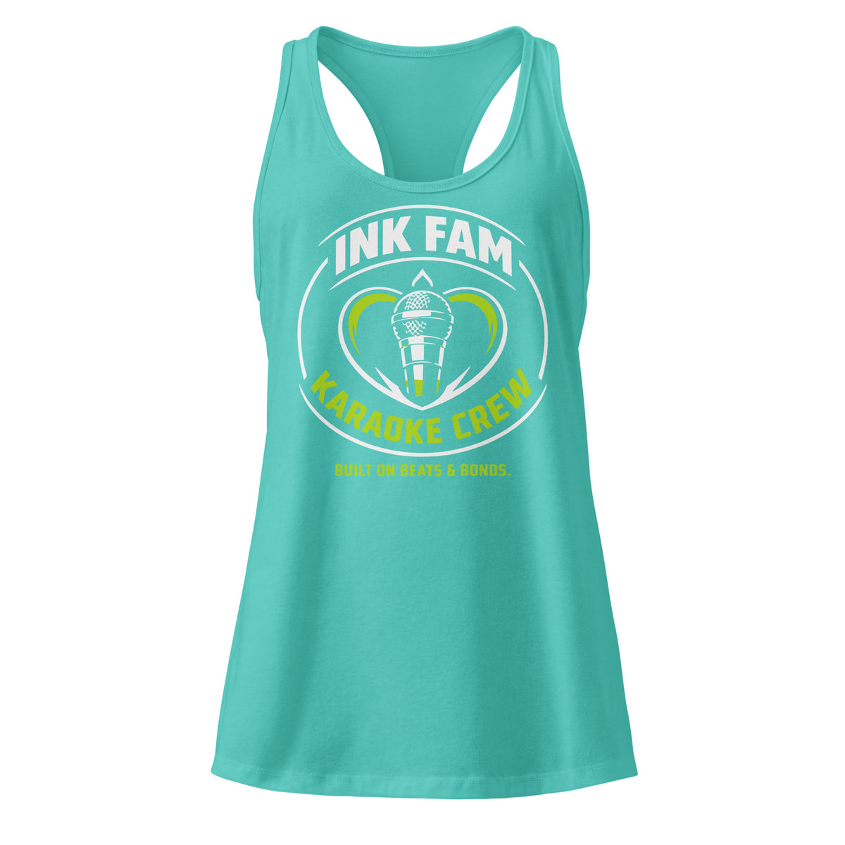 Tahiti Blue women's racerback tank top, front view, featuring DJ Ink Fam green-and-white circular microphone badge.