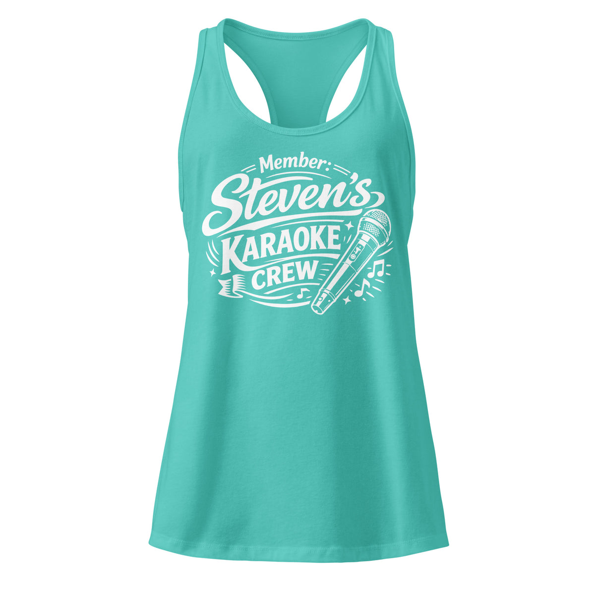 Tahiti Blue women's racerback tank top, front view, featuring Steven's Karaoke Crew lettering and microphone graphic.