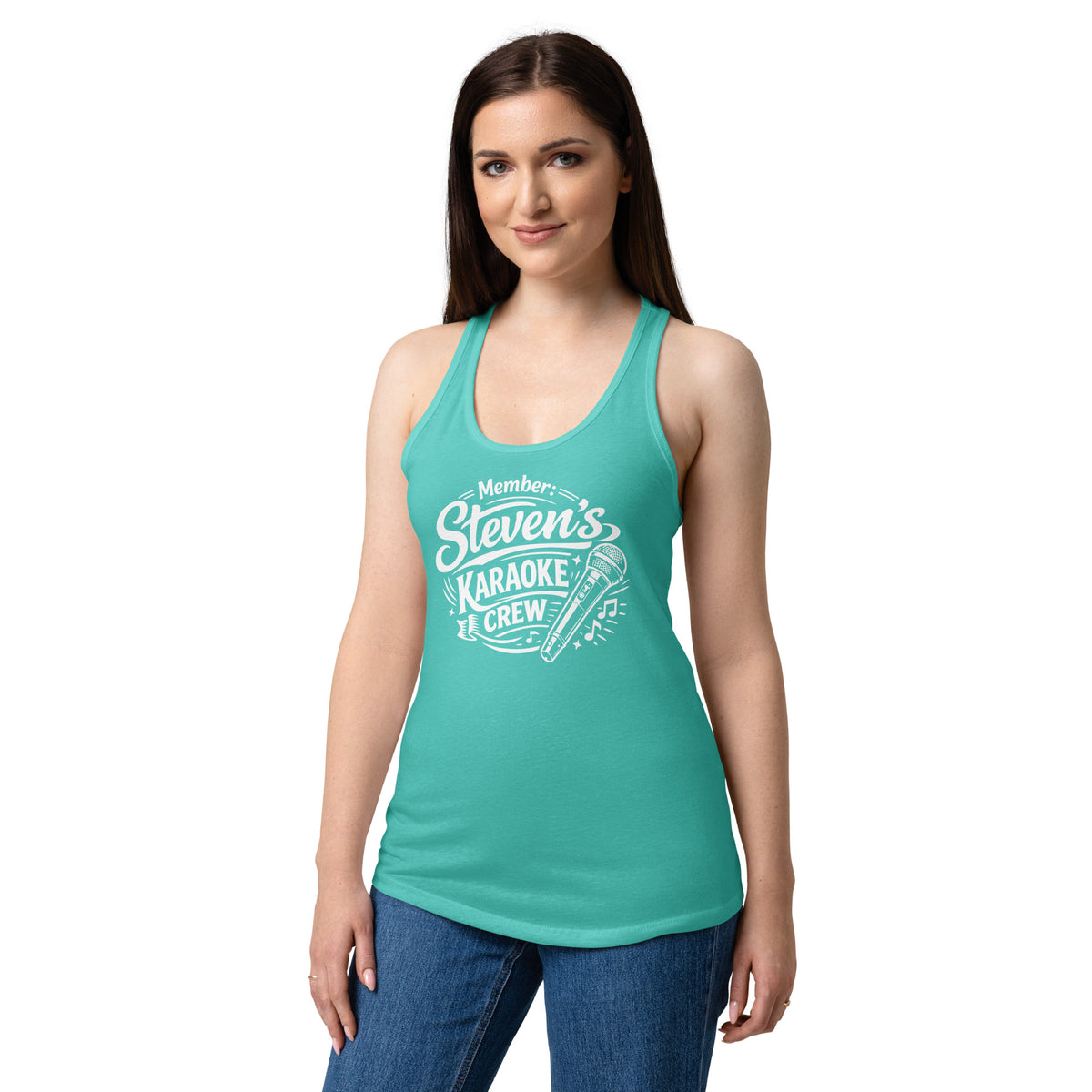 Tahiti Blue women's racerback tank top, front view, featuring Steven's Karaoke Crew lettering and microphone graphic.
