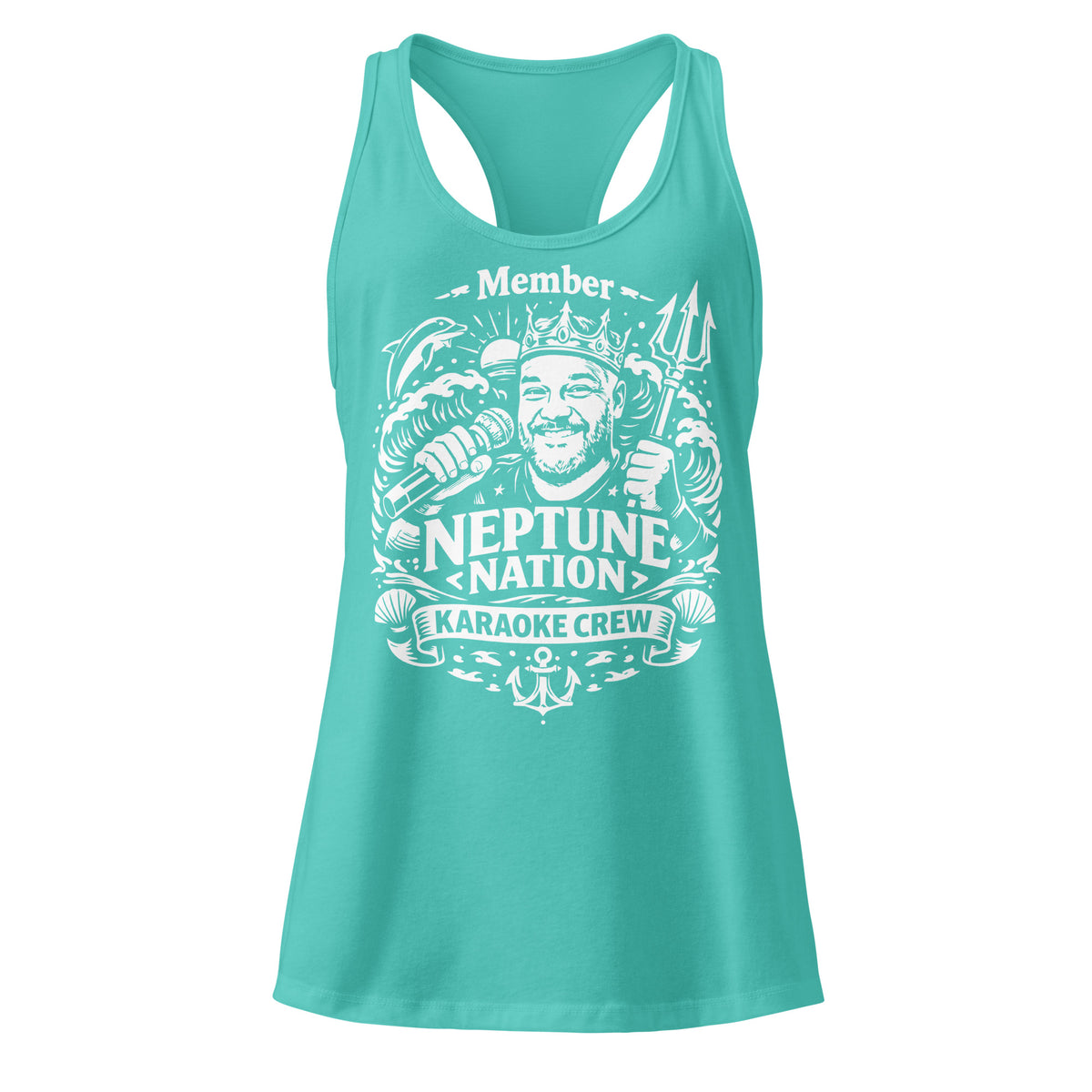 Tahiti Blue women's racerback tank top, front view, featuring KJ Neptune's Neptune Nation nautical microphone and trident badge.