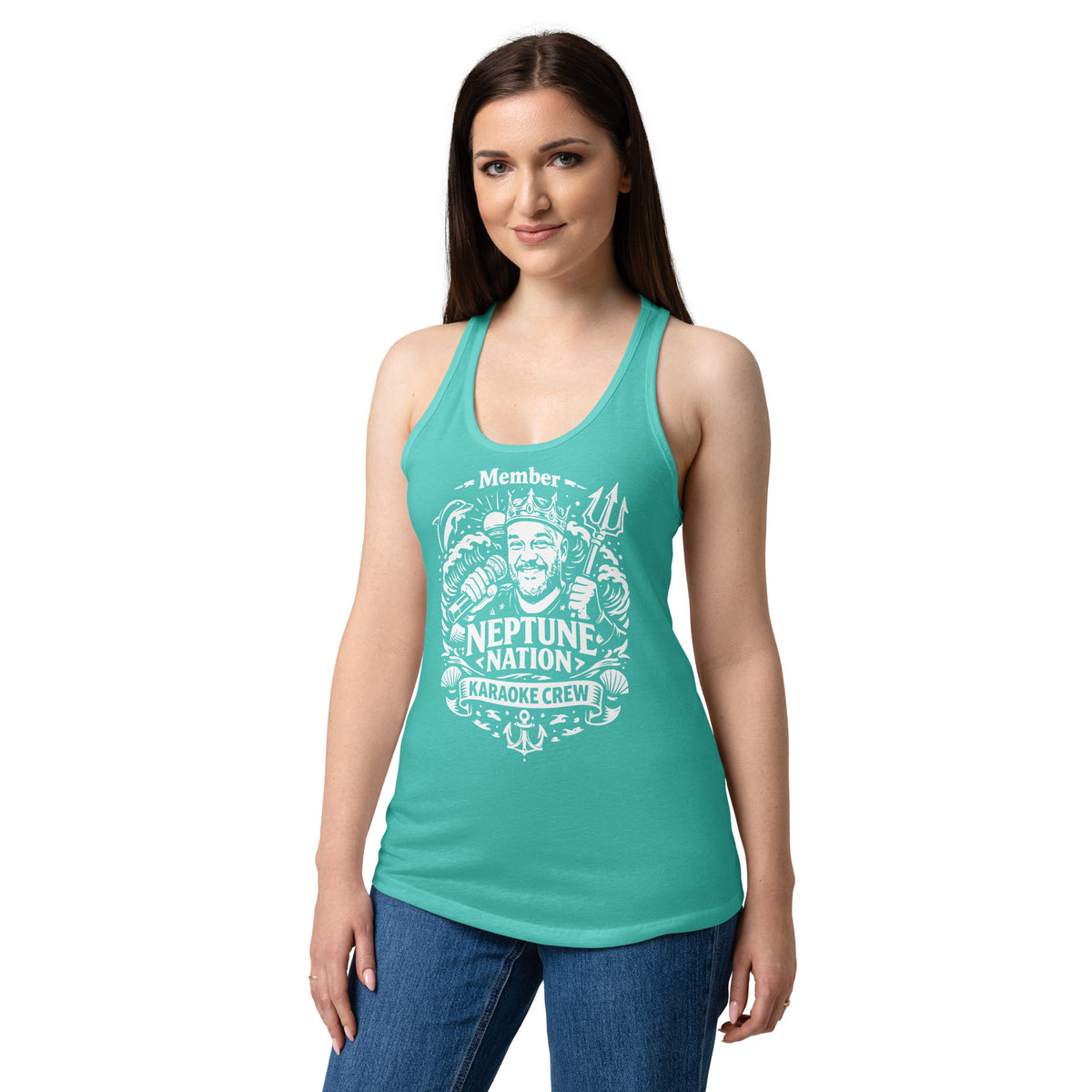 Tahiti Blue women's racerback tank top, front view, featuring KJ Neptune's Neptune Nation nautical microphone and trident badge.