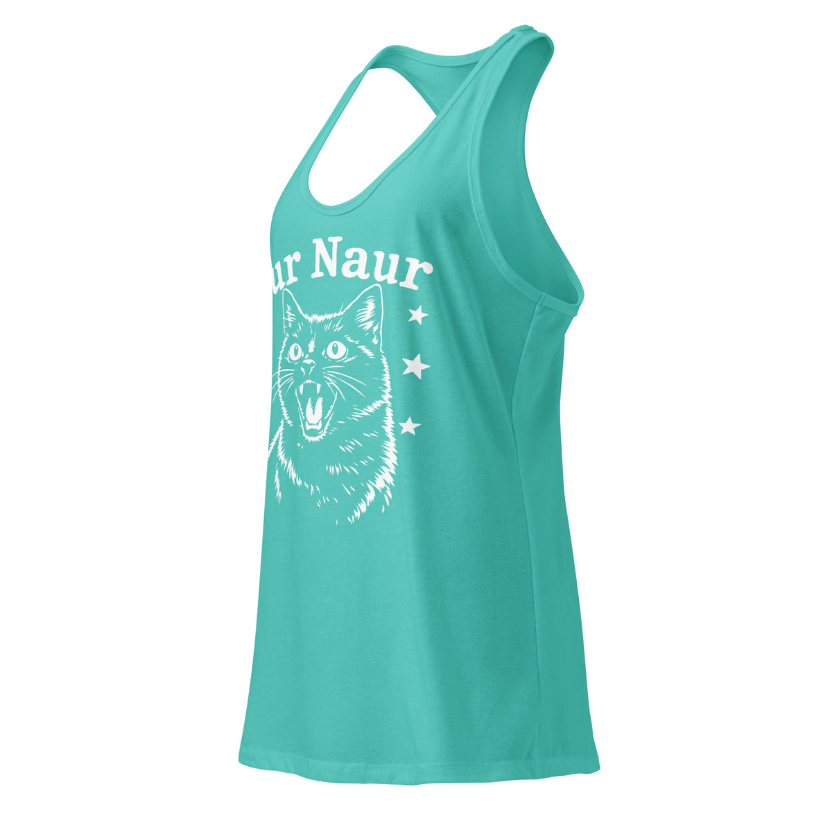 Tahiti Blue women's racerback tank, left-front angled view, featuring Aur Naur white cat portrait and music-themed lettering.