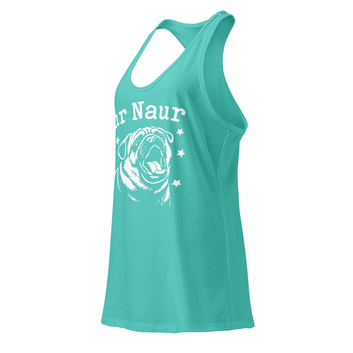 Tahiti Blue women's racerback tank, left-front angled view, featuring Aur Naur white pug portrait and star-accented lettering.