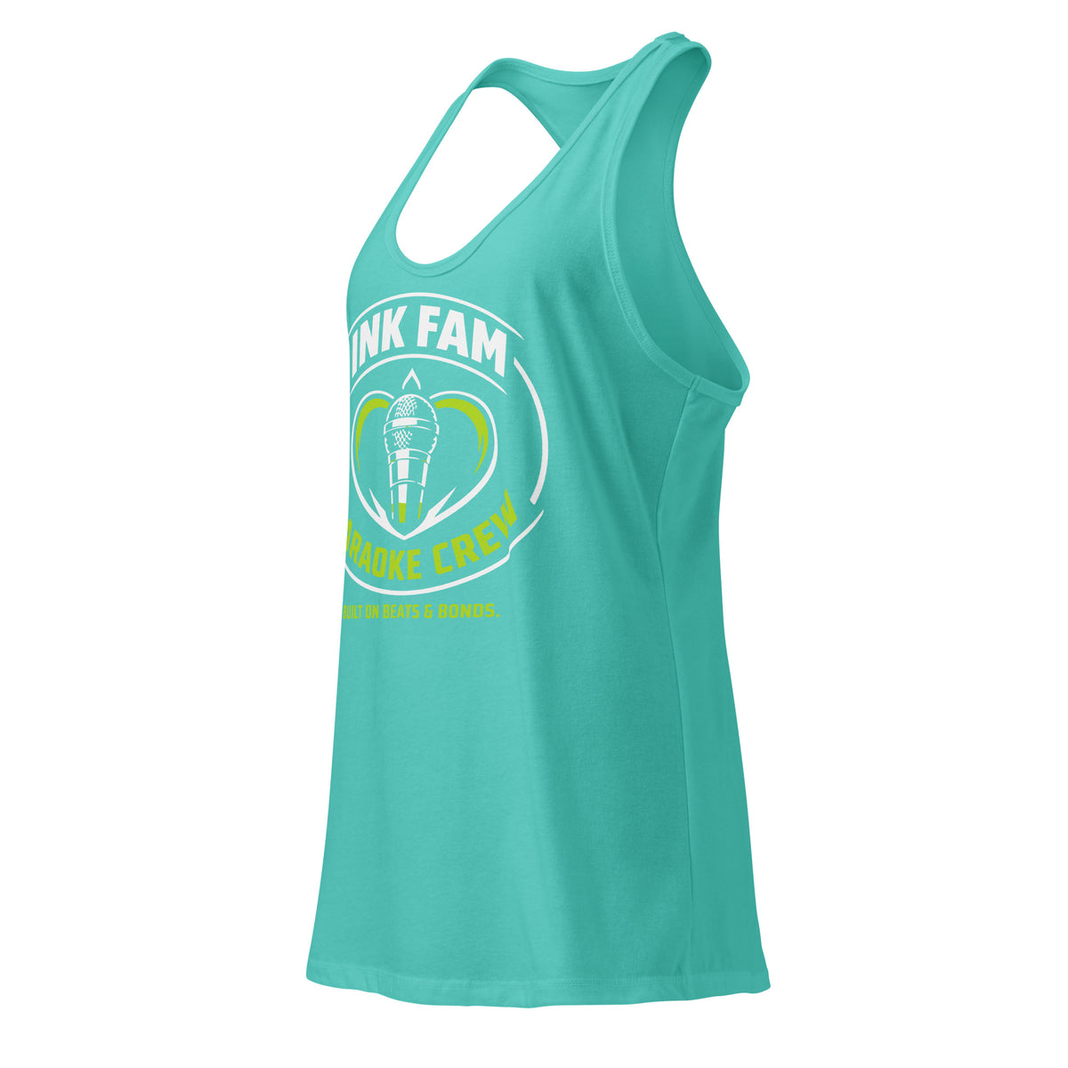 Tahiti Blue women's racerback tank top, left-front angled view, featuring DJ Ink Fam green-and-white circular microphone badge.