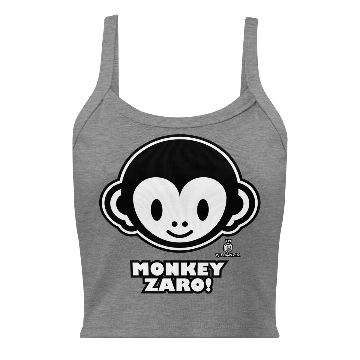 Athletic Heather women's ribbed tank, front view, featuring Monkey Zaro! white cartoon monkey face and lettering.