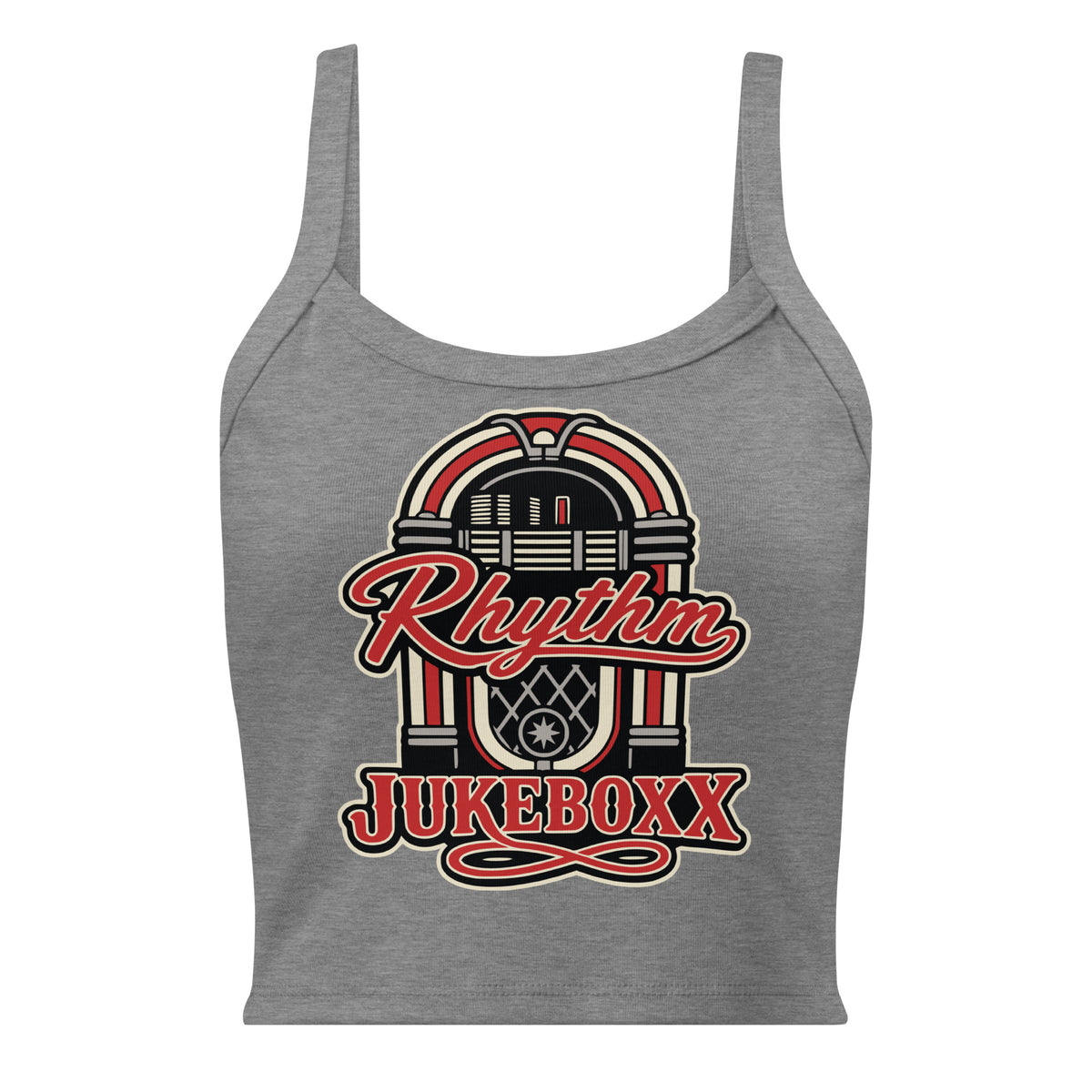 Athletic Heather women's micro-rib tank top, front view, featuring Rhythm Jukeboxx red-and-cream retro jukebox graphic.