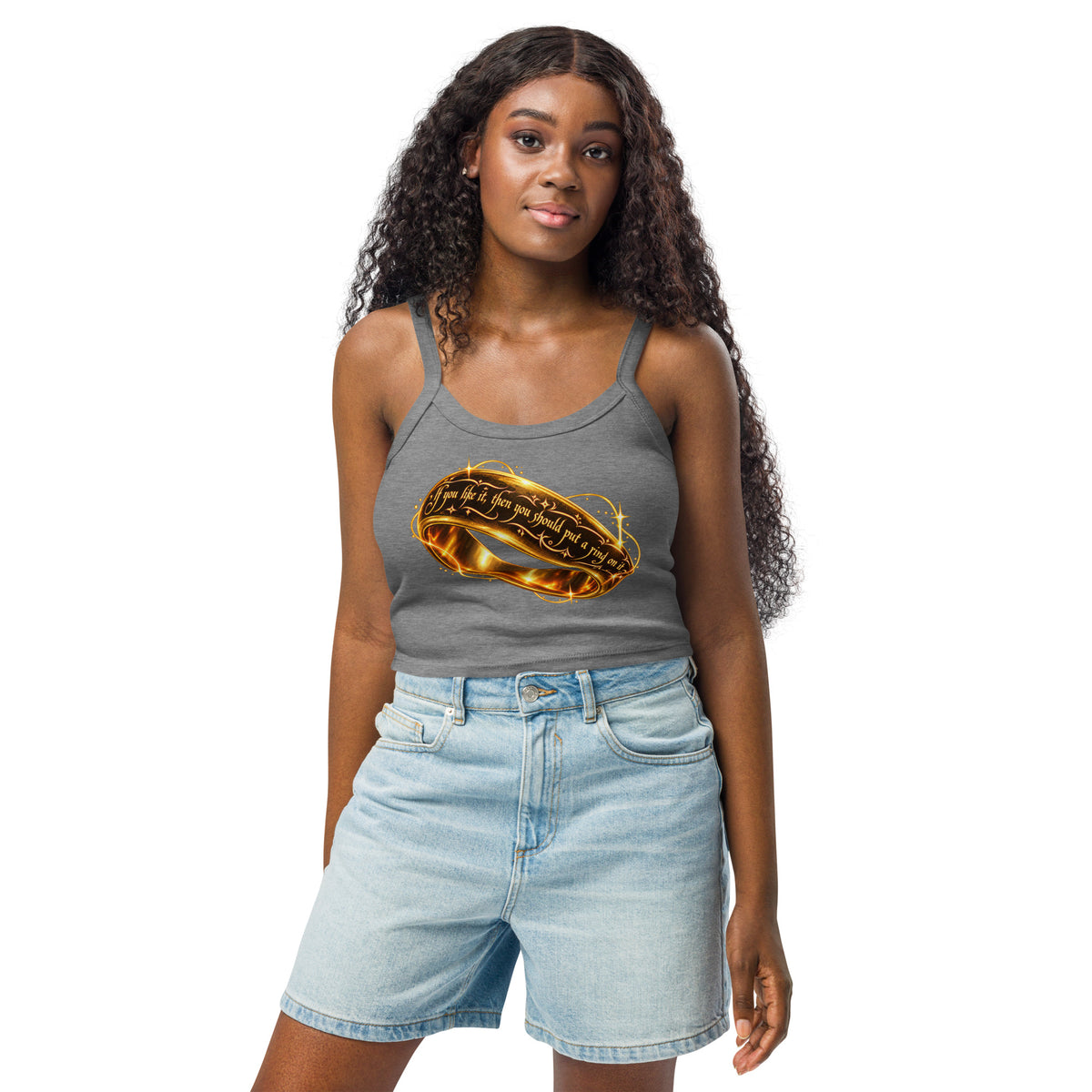 Athletic Heather women's micro-rib tank top, front view, featuring Put a Ring on It gold fantasy ring and starburst graphic.