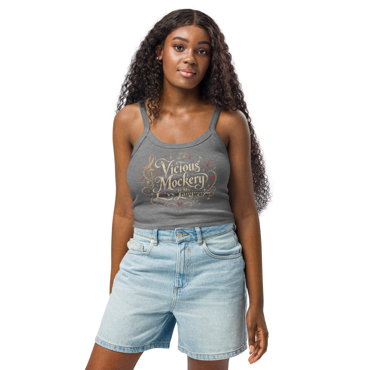 Athletic Heather women's micro-rib tank top, front view, featuring Vicious Mockery Is My Love Language bard art with gold lettering, roses and hearts.
