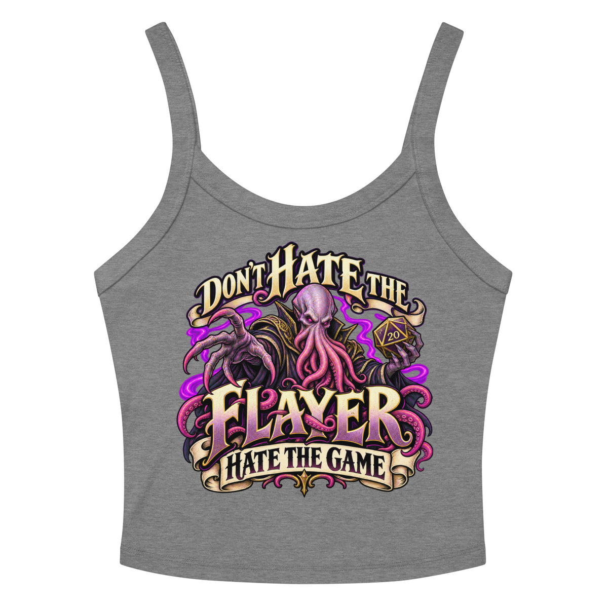 Athletic Heather women's micro-rib tank top, front detail view, featuring the illustrated Don't Hate the Flayer, Hate the Game tentacled overlord.