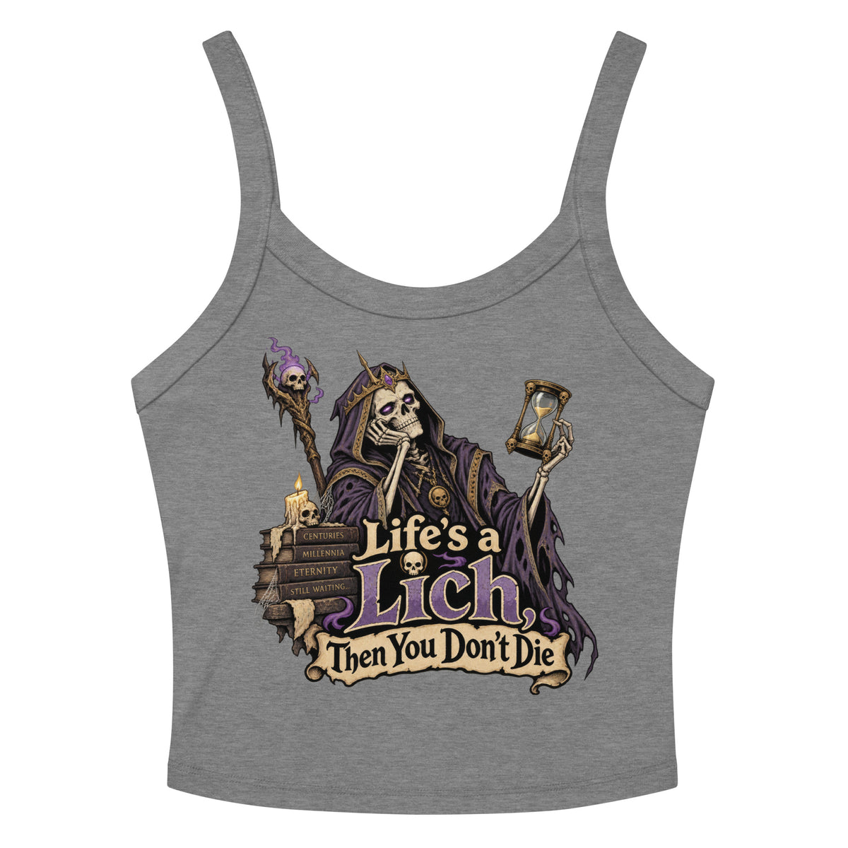 Athletic Heather women's micro-rib tank top, front view, featuring the Life's a Lich, Then You Don't Die bored undead lich design.