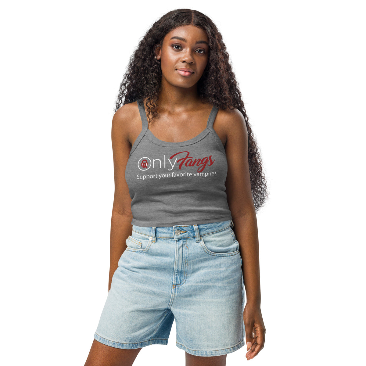 Athletic Heather women's micro-rib tank top, front view, featuring the OnlyFangs vampire design