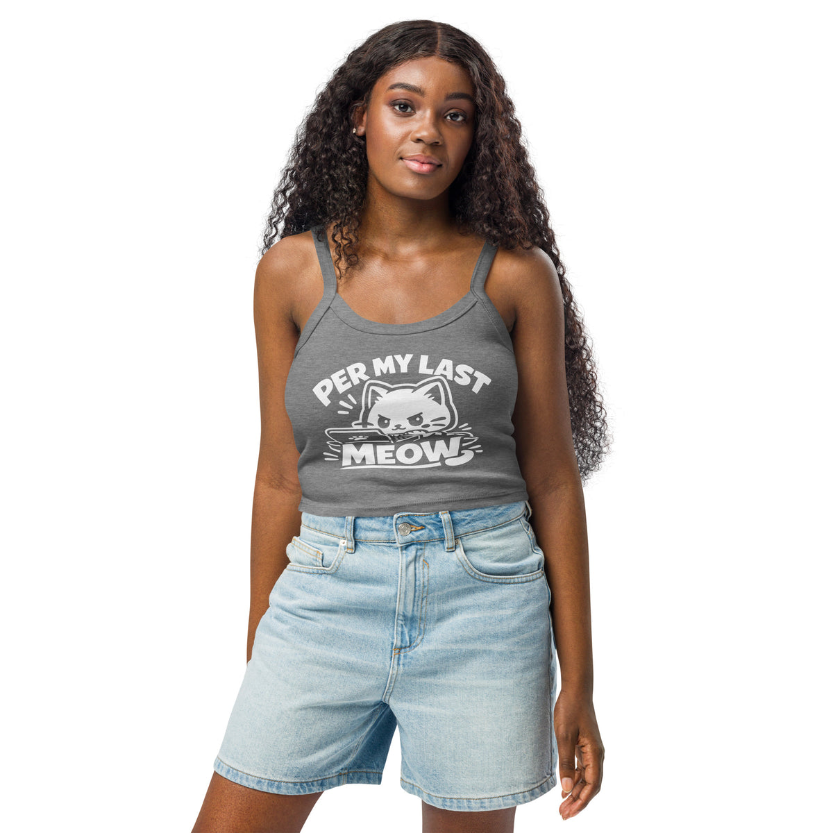 Athletic Heather women's micro-rib tank top, front view, featuring the Per My Last Meow cat design