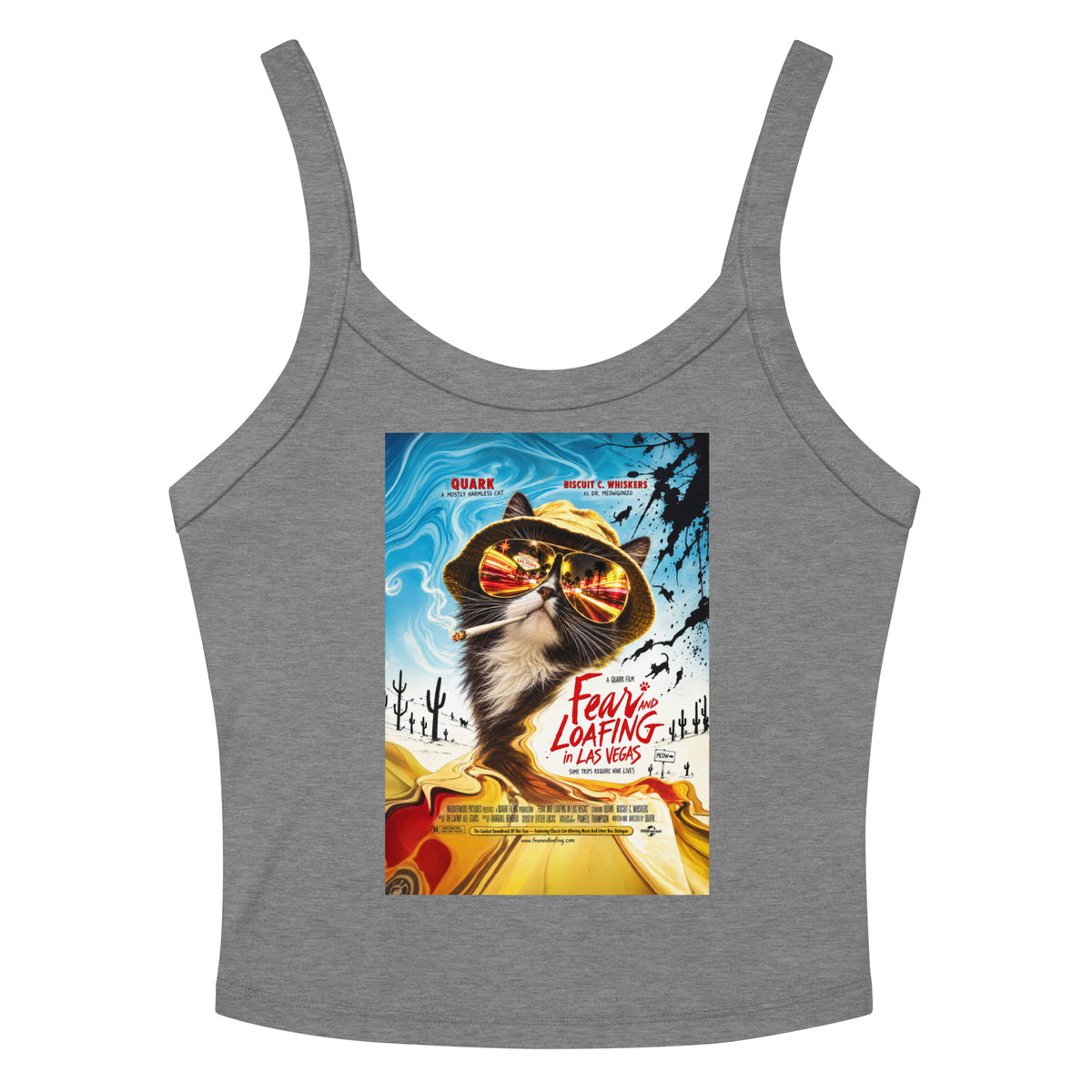 Athletic Heather women's micro-rib tank top, front view, featuring the Fear and Loafing in Las Vegas Quark cat poster design
