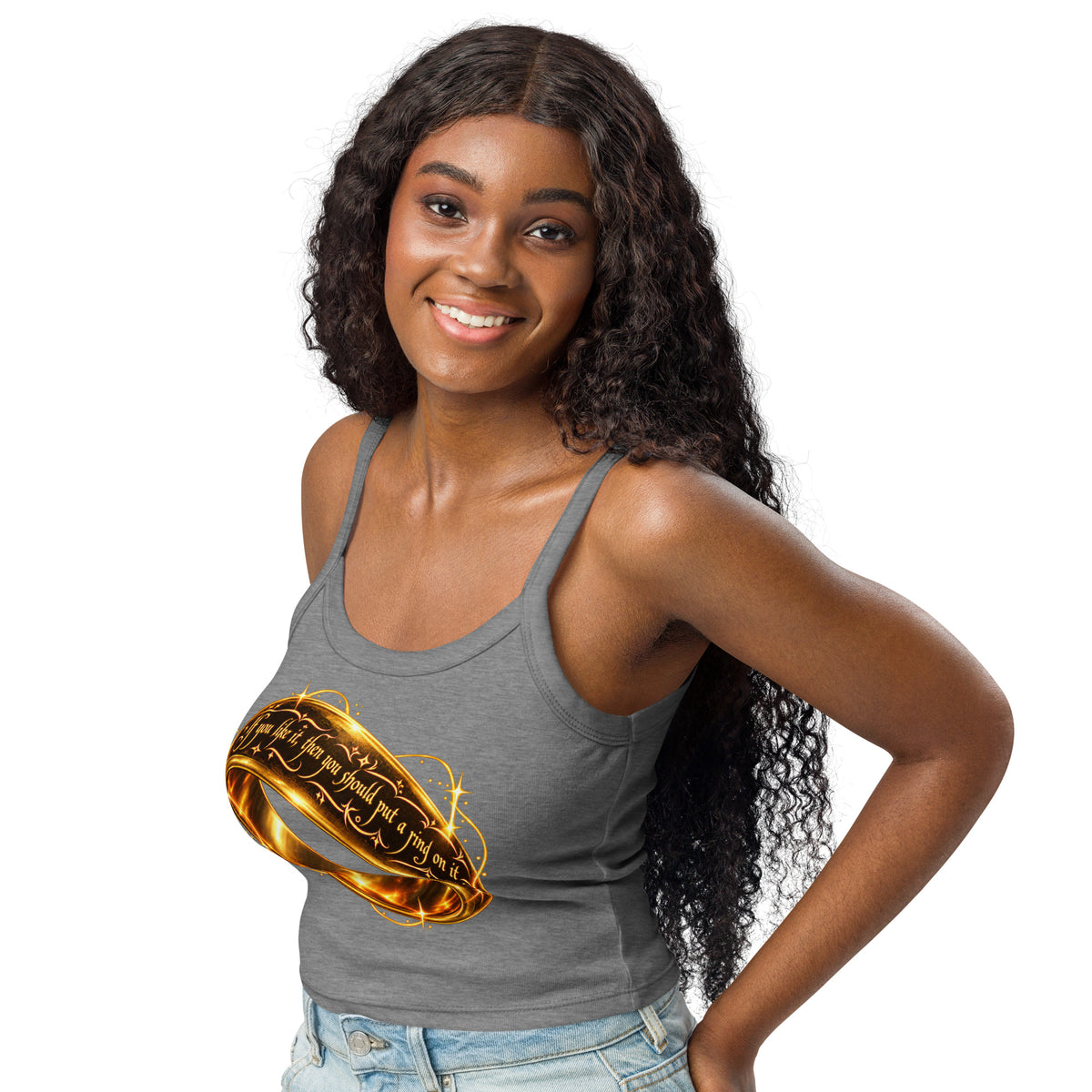 Athletic Heather women's micro-rib tank top, left-front angled view, featuring Put a Ring on It gold fantasy ring and starburst graphic.