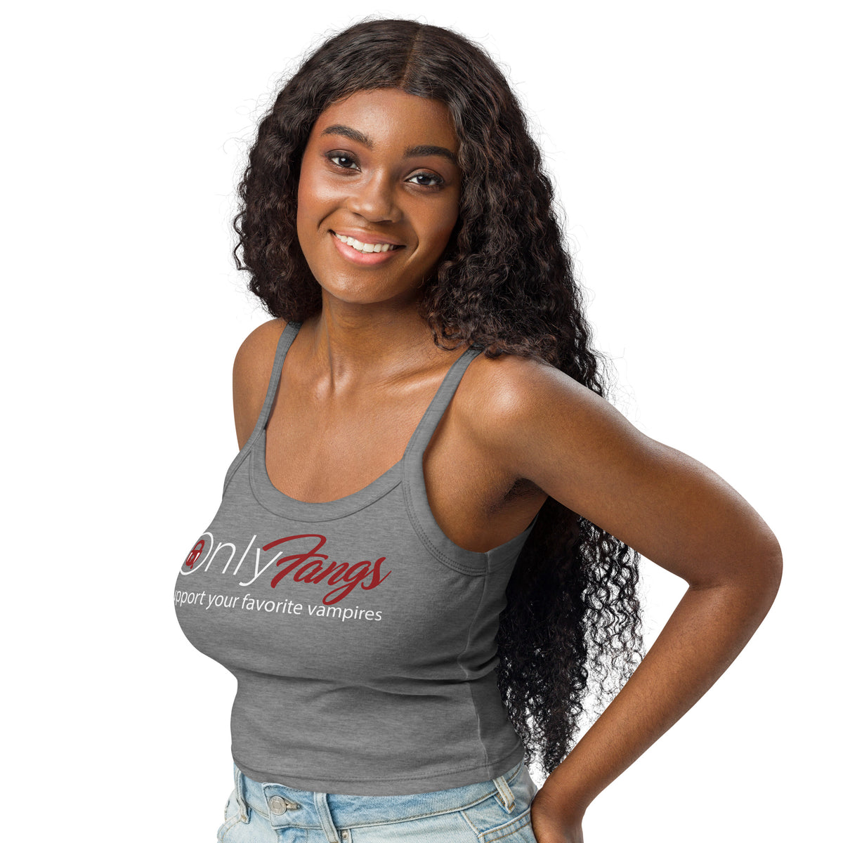 Athletic Heather women's micro-rib tank top, left-front angled view, featuring the OnlyFangs vampire design