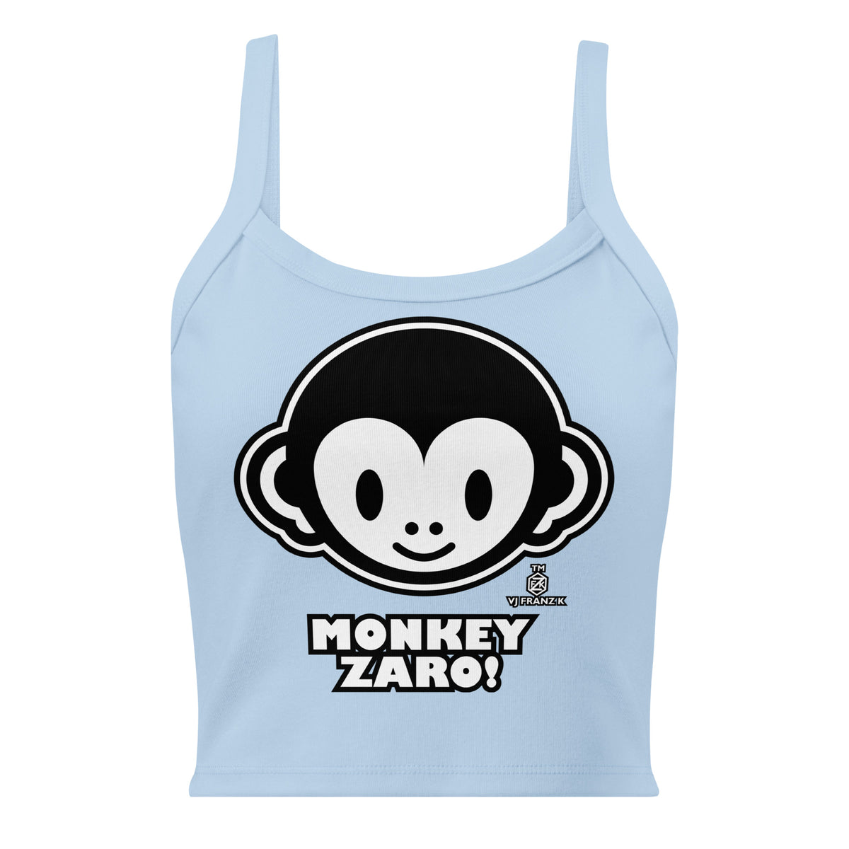 Solid Baby Blue Blend women's ribbed tank, front view, featuring Monkey Zaro! white cartoon monkey face and lettering.