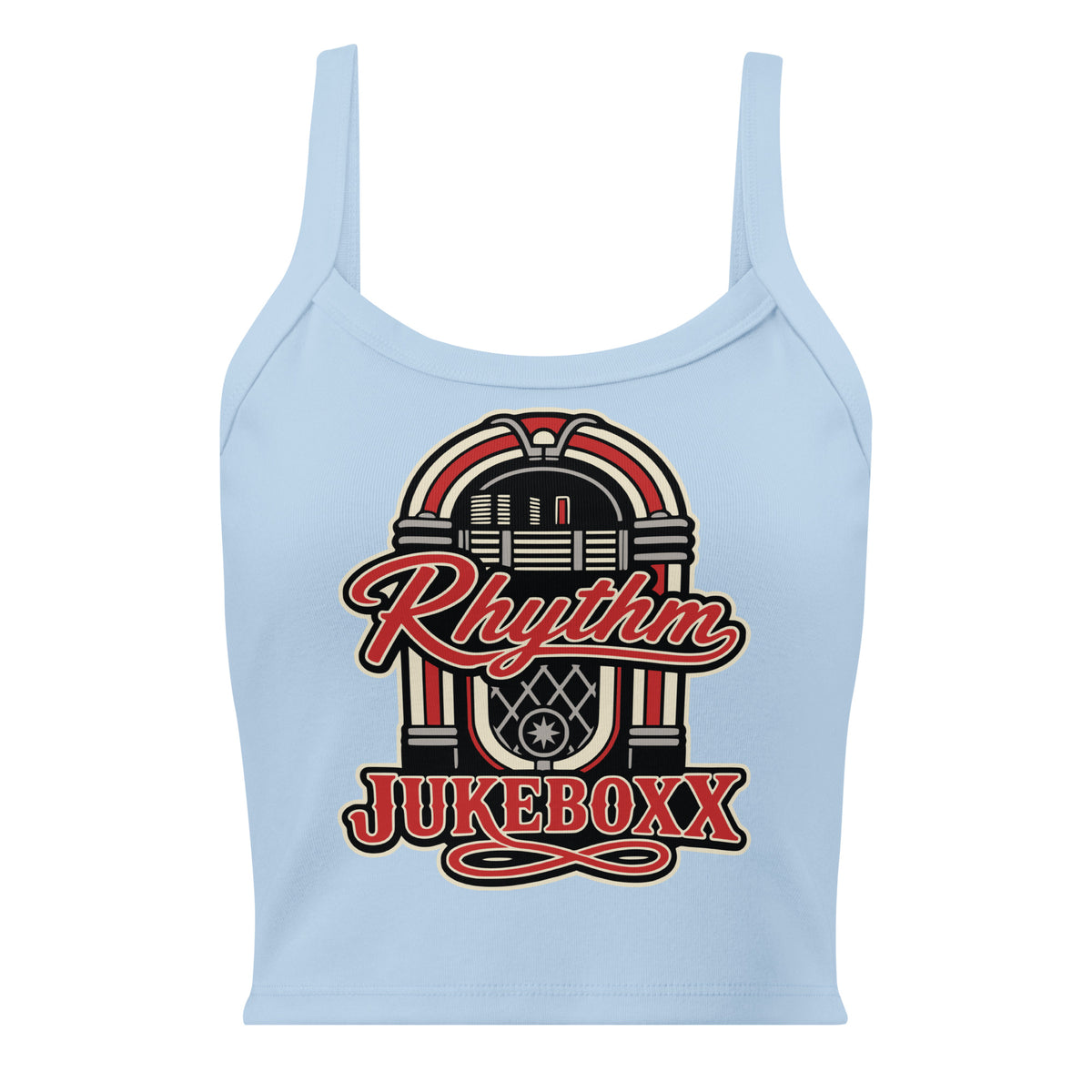 Solid Baby Blue Blend women's micro-rib tank top, front view, featuring Rhythm Jukeboxx red-and-cream retro jukebox graphic.