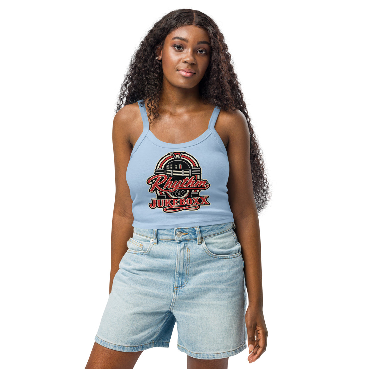 Solid Baby Blue Blend women's micro-rib tank top, front view, featuring Rhythm Jukeboxx red-and-cream retro jukebox graphic.