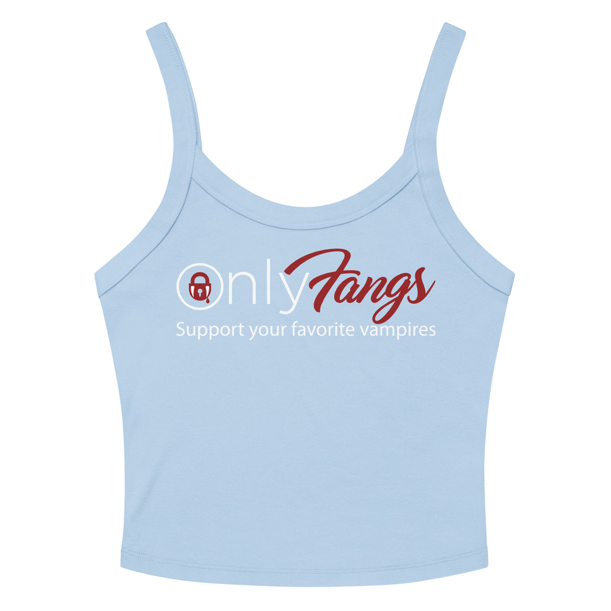 Solid Baby Blue Blend women's micro-rib tank top, front view, featuring the OnlyFangs vampire design