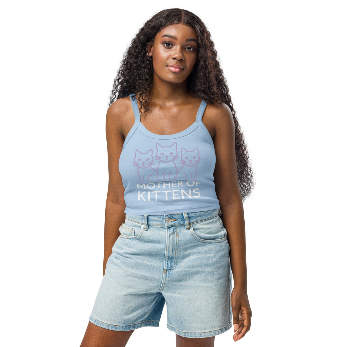 Solid Baby Blue Blend women's micro-rib tank top, front view, featuring the Mother of Kittens Three Cats design