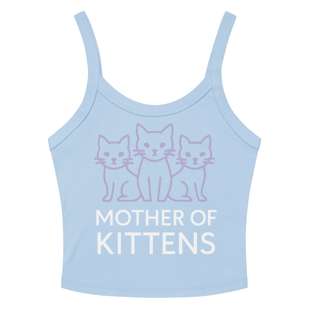 Solid Baby Blue Blend women's micro-rib tank top, front view, featuring the Mother of Kittens Three Cats design