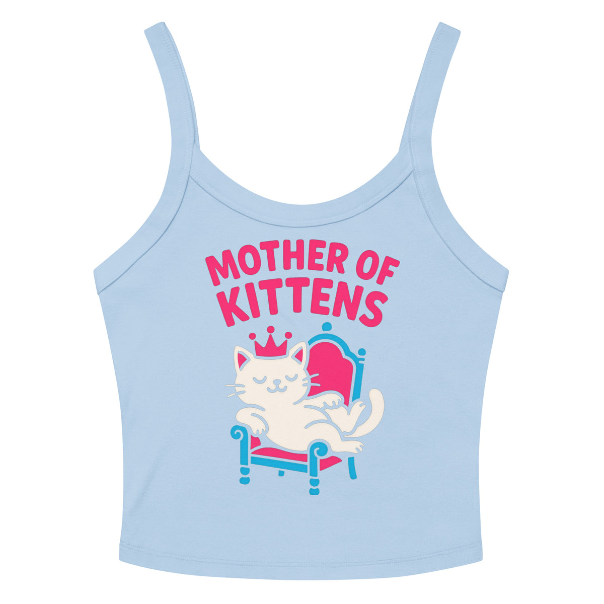 Solid Baby Blue Blend women's micro-rib tank top, front view, featuring the Mother of Kittens Queen Cat design