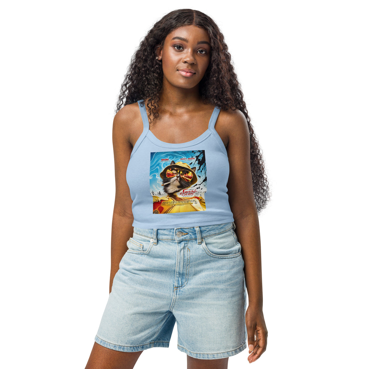 Solid Baby Blue Blend women's micro-rib tank top, front view, featuring the Fear and Loafing in Las Vegas Quark cat poster design