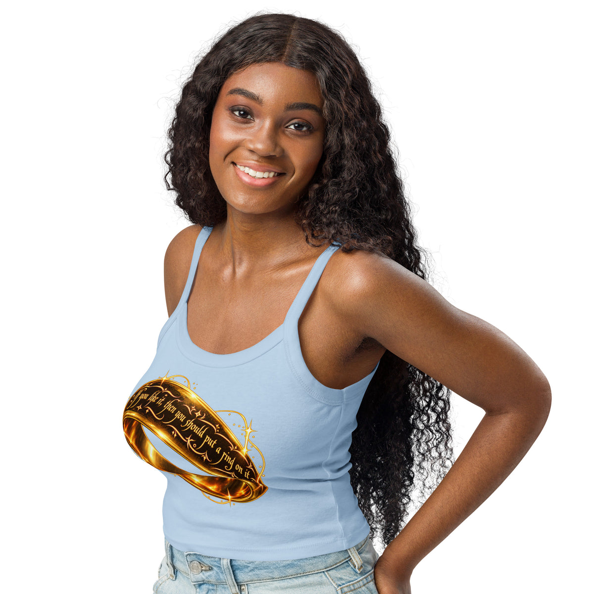 Solid Baby Blue Blend women's micro-rib tank top, left-front angled view, featuring Put a Ring on It gold fantasy ring and starburst graphic.