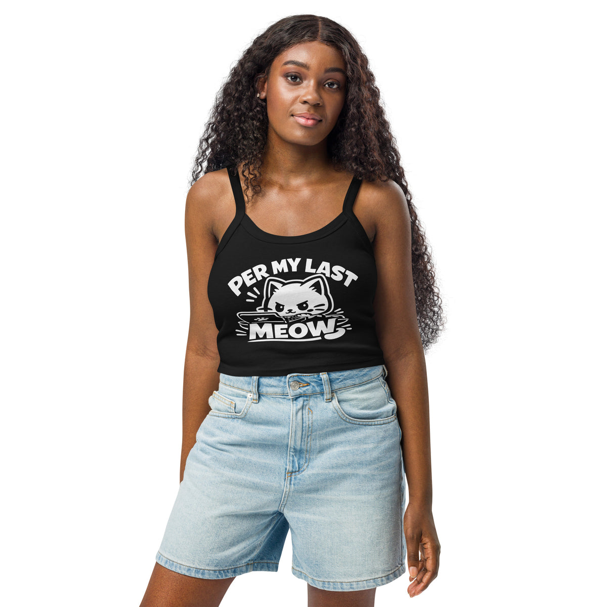 Solid Black Blend women's micro-rib tank top, front view, featuring the Per My Last Meow cat design