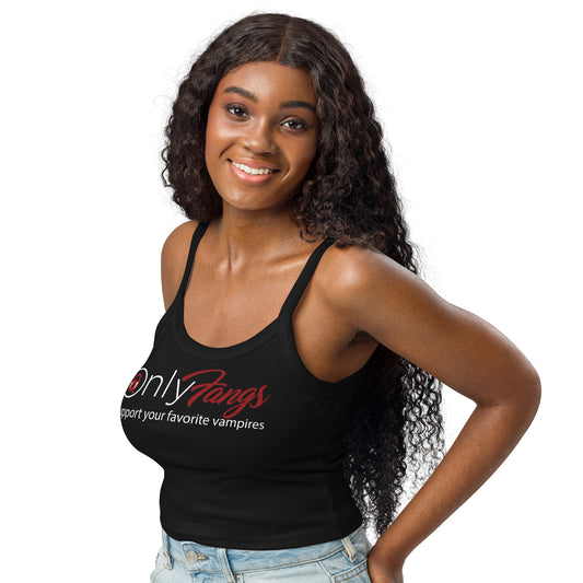 Solid Black Blend women's micro-rib tank top, left-front angled view, featuring the OnlyFangs vampire design