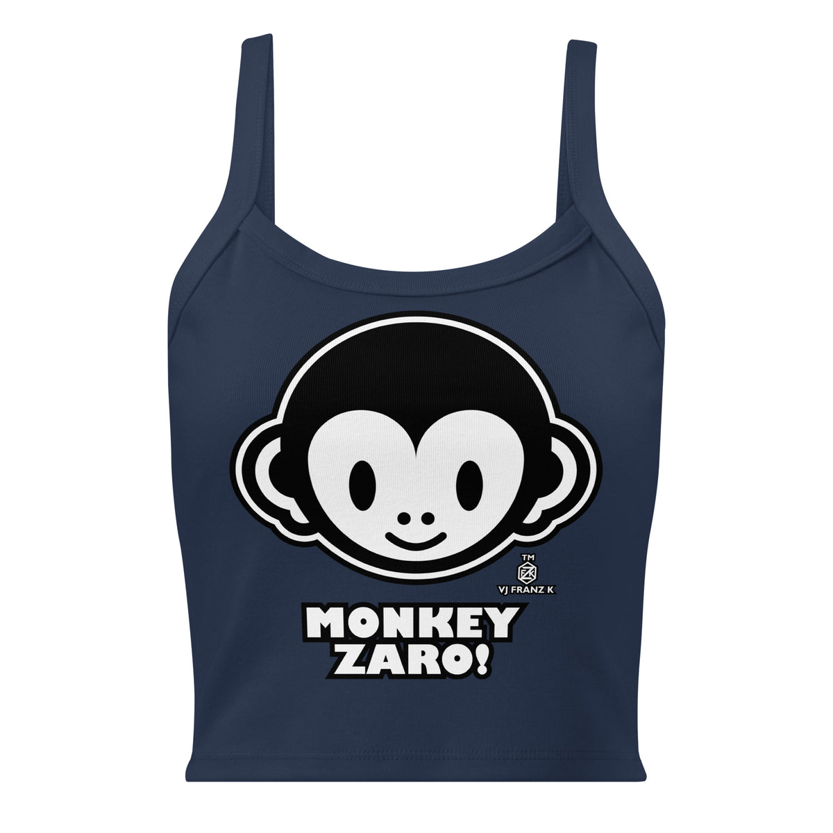 Solid Navy Blend women's ribbed tank, front view, featuring Monkey Zaro! white cartoon monkey face and lettering.