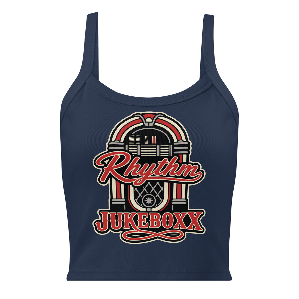Solid Navy Blend women's micro-rib tank top, front view, featuring Rhythm Jukeboxx red-and-cream retro jukebox graphic.