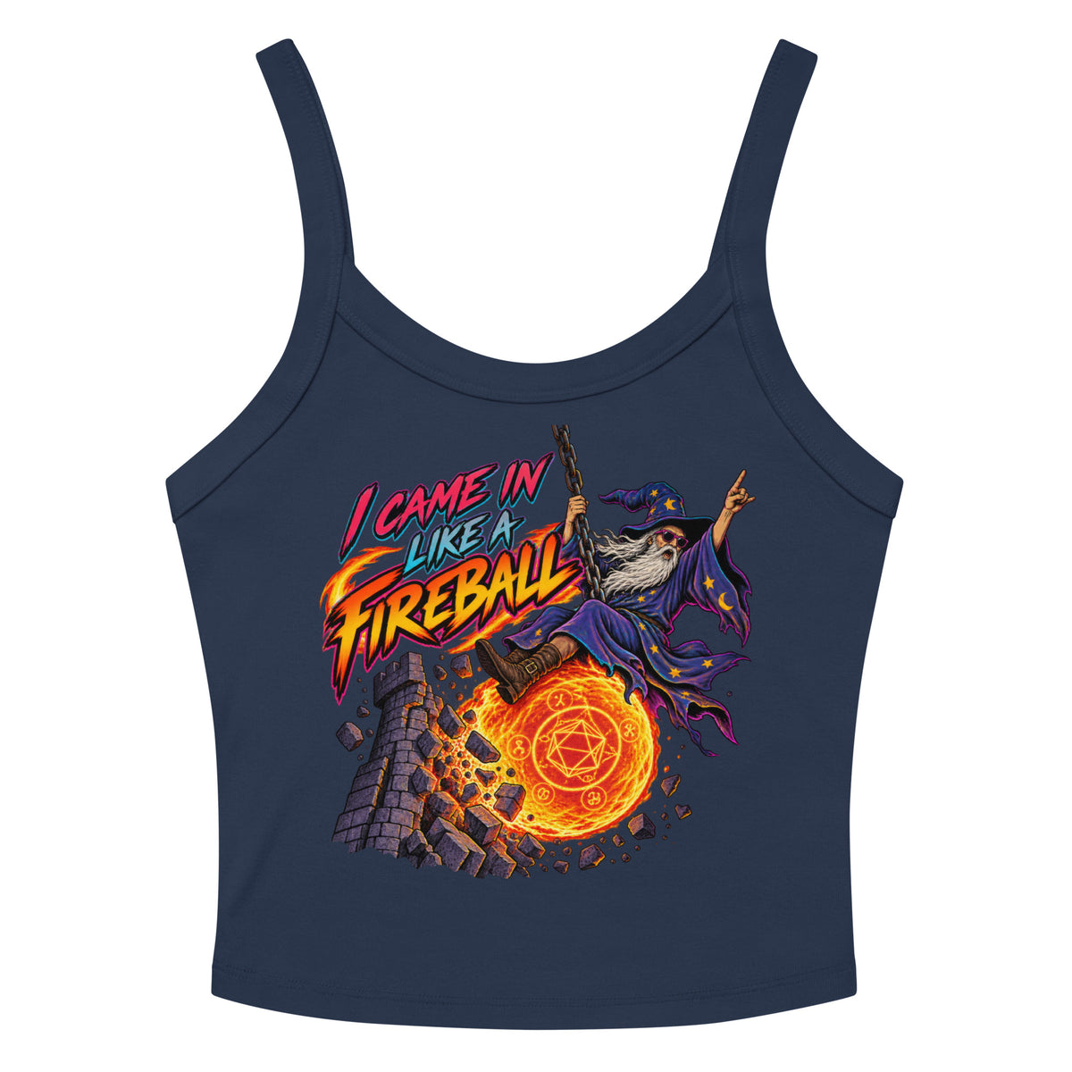 Solid Navy Blend women's micro-rib tank top, front view, featuring the I Came In Like a Fireball wizard design