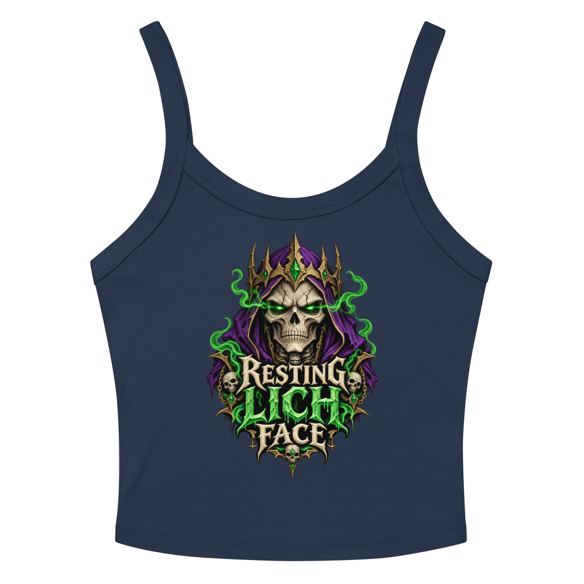 Solid Navy Blend women's micro-rib tank top, front view, featuring the Resting Lich Face crowned skull lich design