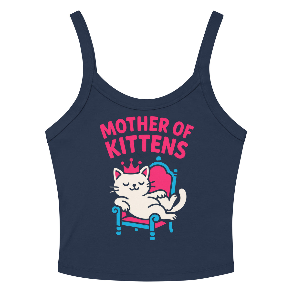 Solid Navy Blend women's micro-rib tank top, front view, featuring the Mother of Kittens Queen Cat design