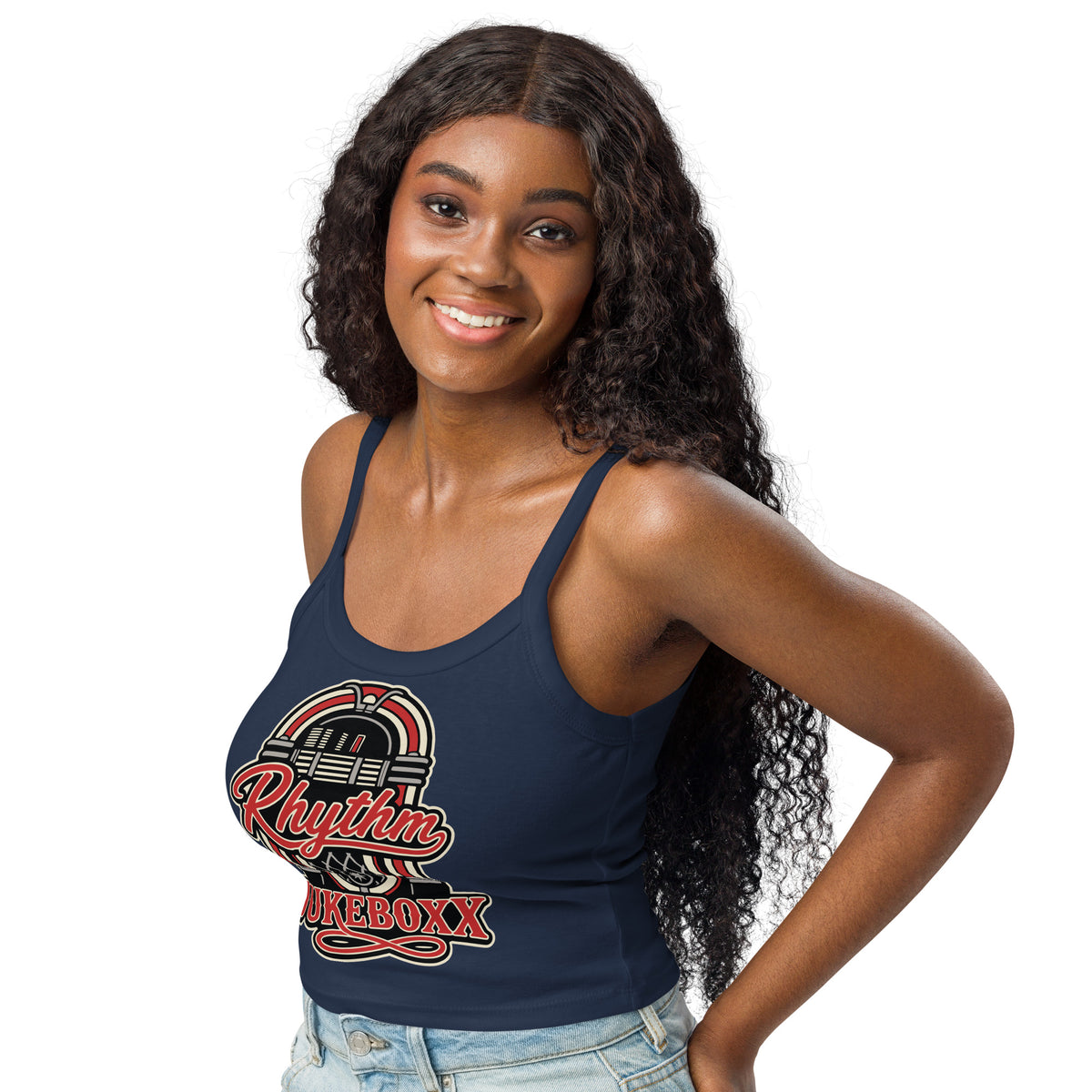 Solid Navy Blend women's micro-rib tank top, left-front angled view, featuring Rhythm Jukeboxx red-and-cream retro jukebox graphic.