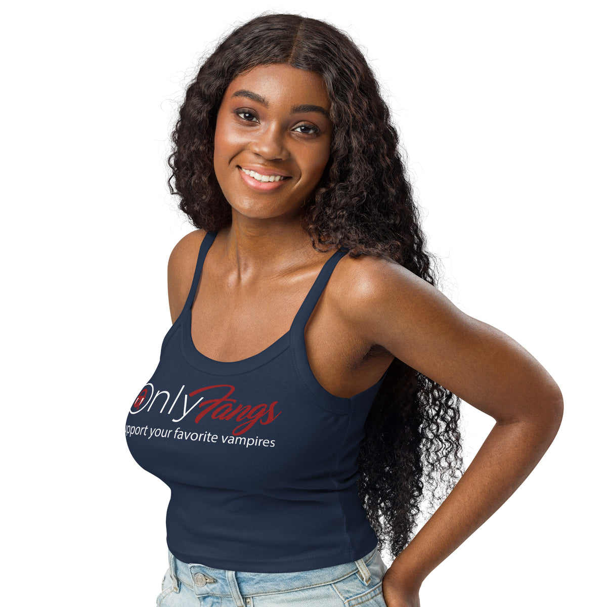 Solid Navy Blend women's micro-rib tank top, left-front angled view, featuring the OnlyFangs vampire design