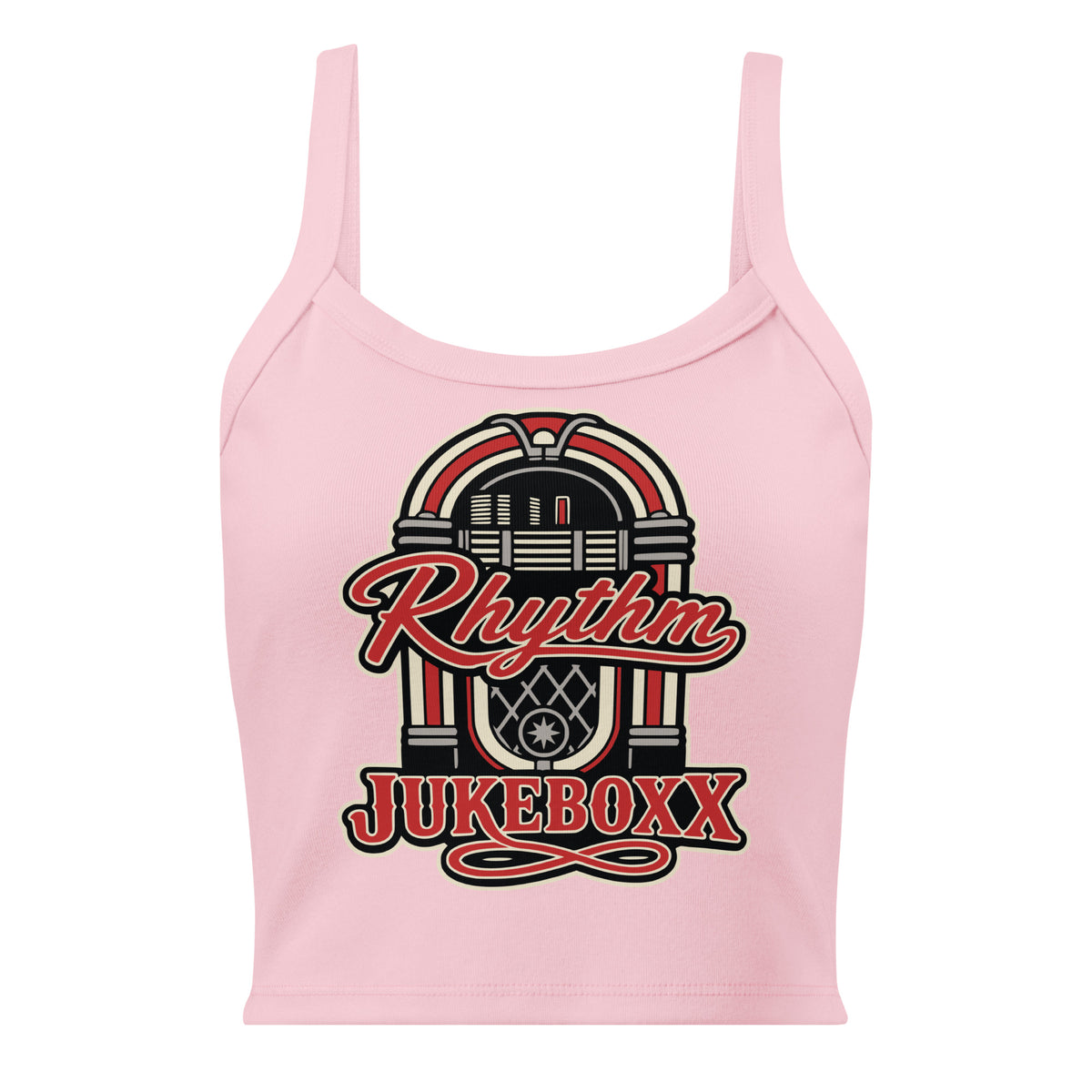 Solid Pink Blend women's micro-rib tank top, front view, featuring Rhythm Jukeboxx red-and-cream retro jukebox graphic.