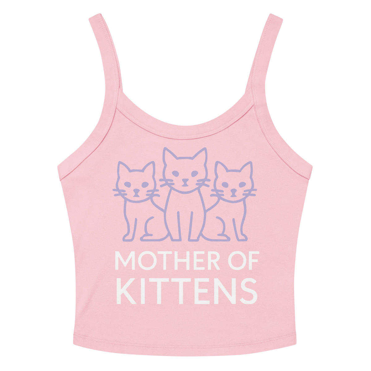 Solid Pink Blend women's micro-rib tank top, front view, featuring the Mother of Kittens Three Cats design