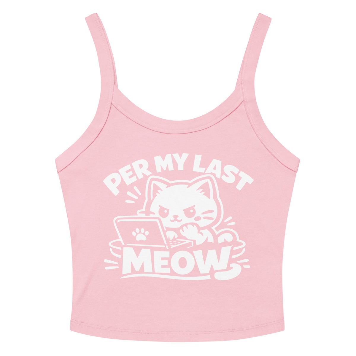 Solid Pink Blend women's micro-rib tank top, front view, featuring the Per My Last Meow cat design