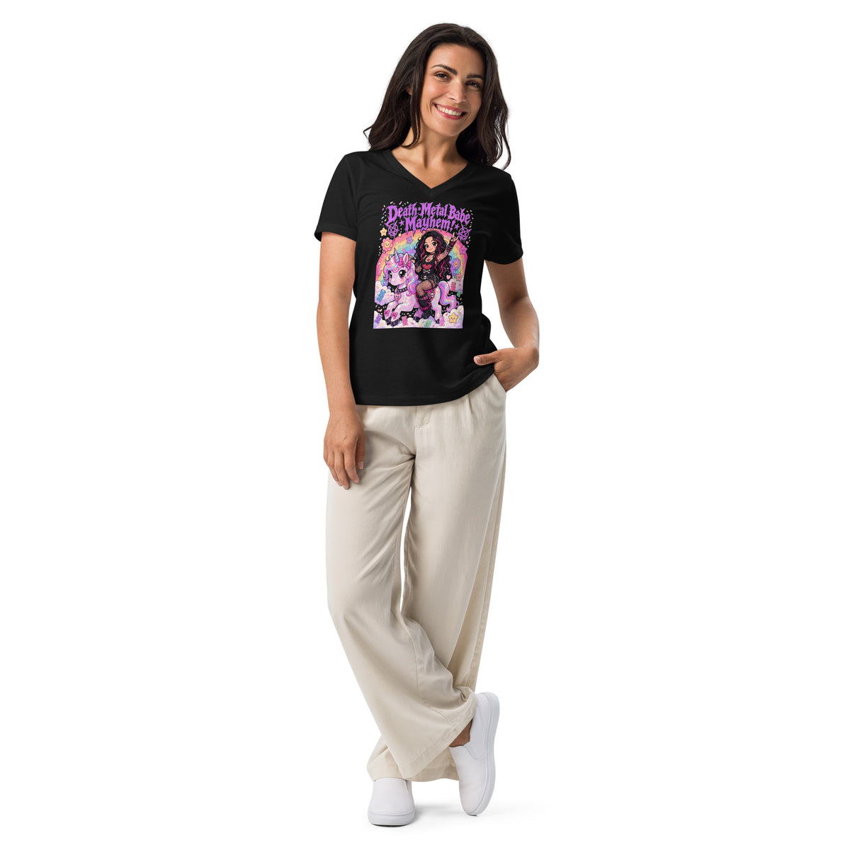 Solid Black Blend women's V-neck tee, front view, featuring Death Metal Babe Mayhem purple lettering, anime musician, unicorn and rainbow.
