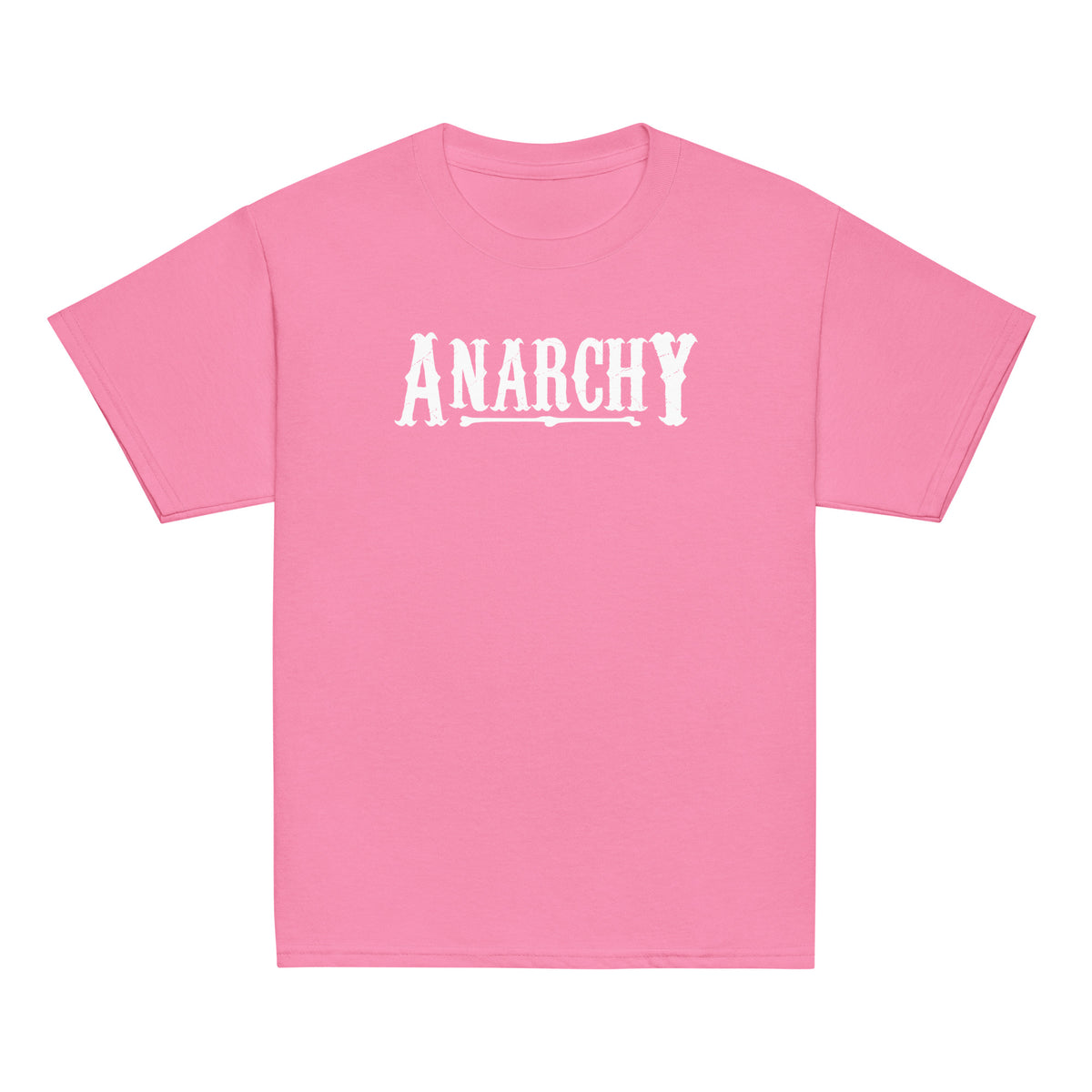 Youth Classic Tee Azalea classic T-shirt, front view, featuring the Anarchy design