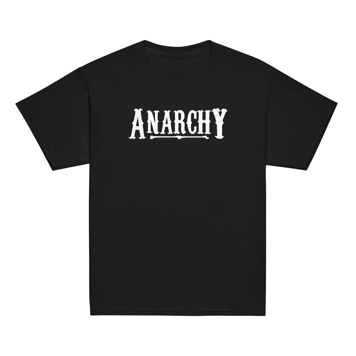 Black youth T-shirt featuring distressed white “Anarchy” lettering.