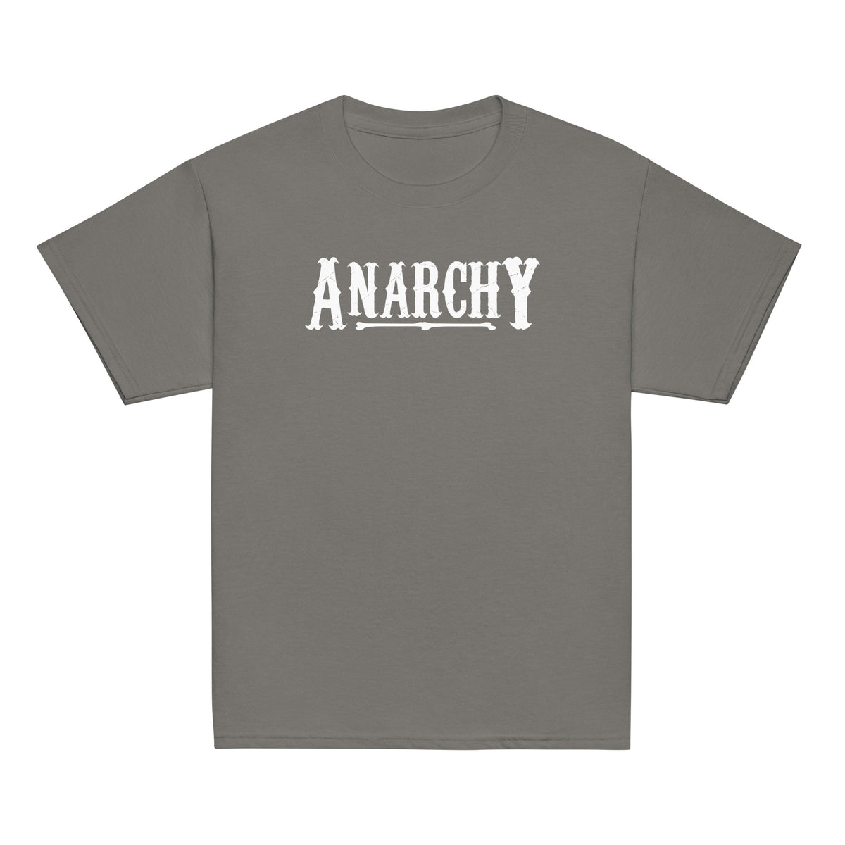 Youth Classic Tee Charcoal classic T-shirt, front view, featuring the Anarchy design