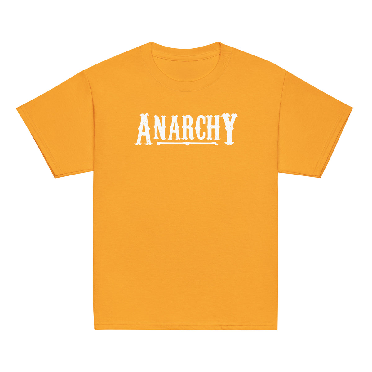 Youth Classic Tee Gold classic T-shirt, front view, featuring the Anarchy design