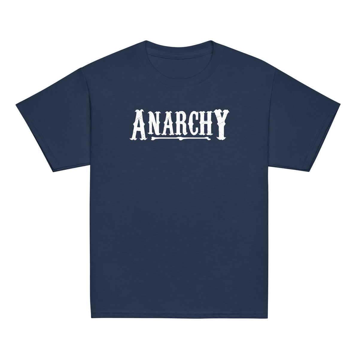 Youth Classic Tee Navy classic T-shirt, front view, featuring the Anarchy design